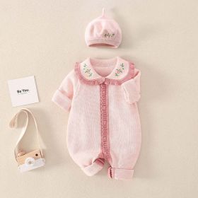 Baby Girl Floral Embroidered Pattern Knitted Romper With Hat - 80 (9-12M) - Pink