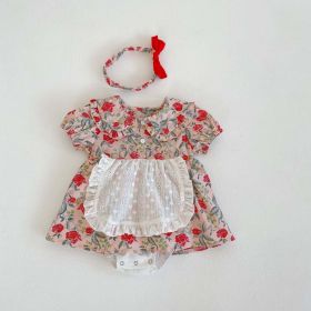 Baby Girls Floral Pattern Lace Patchwork Design Doll Collar Buttoned Puff-Sleeved Dress - 80 (9-12M) - Pink