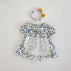 Baby Girls Floral Pattern Lace Patchwork Design Doll Collar Buttoned Puff-Sleeved Dress - 80 (9-12M) - Blue