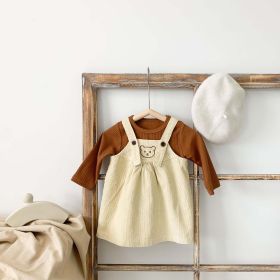 Baby Girl Solid Color Corduroy Fabric Tops Combo Bear Embroidery Straps Dress 2-Piece Sets - 66 (3-6M) - Apricot