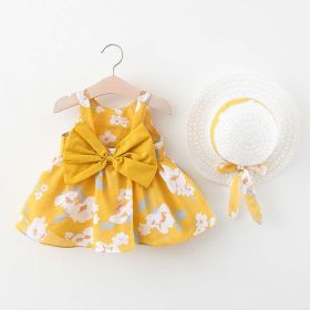 Baby Flower Pattern Bow Patched Design Sling Dress In Summer With Hat - 73 (6-9M) - Yellow