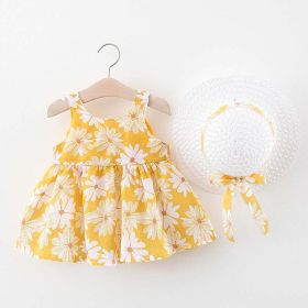 Baby Flower Pattern Bow Patched Design Sling Dress In Summer With Hat - 90 (12-24M) - Light Yellow