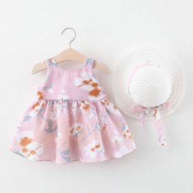 Baby Flower Pattern Bow Patched Design Sling Dress In Summer With Hat - 73 (6-9M) - Pink