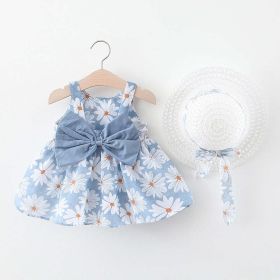 Baby Flower Pattern Bow Patched Design Sling Dress In Summer With Hat - 73 (6-9M) - Blue