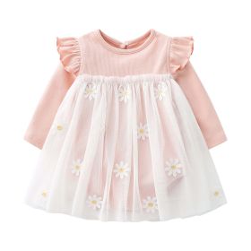 Baby Girls Floral Lace Patchwork Design Ruffle Long-Sleeved Dress Onesies In Spring & Autumn - 90 (12-24M) - Pink