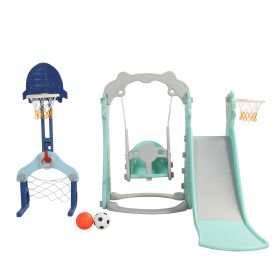 5 in 1 Slide and Swing Playing Set, Toddler Extra-Long Slide with 2 Basketball Hoops, Football, Ringtoss, Indoor Outdoor XH - Gray green