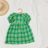 Baby Girls Plaid Pattern Pull-Sleeved Design O-Neck Long Dress In Summer - 80 (9-12M) - Green