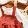 Baby Girl Solid Color Corduroy Fabric Tops Combo Bear Embroidery Straps Dress 2-Piece Sets - 66 (3-6M) - Red