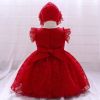 Baby Girl Solid Color Mesh Overlay Design Formal Baptism Birthday Gift Dress With Hat - 73 (6-9M) - Red