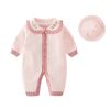 Baby Girl Floral Embroidered Pattern Knitted Romper With Hat - 59 (0-3M) - Pink