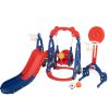 5 in 1 Slide and Swing Playing Set, Toddler Extra-Long Slide with 2 Basketball Hoops, Football, Ringtoss, Indoor Outdoor - red+blue