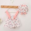 Baby Girl Floral Print Bow Decoration Design Sling Dress Onesies With Hat - 59 (0-3M) - Pink