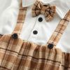 Baby Plaid Pattern False 1 Pieces Design Bow Tie Decoration Bodysuit - 66 (3-6M) - Brown