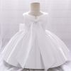 Baby Girl Solid Color Bow Patched Design Sleeveless Western Style Satin Dress - 73 (6-9M) - White