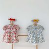 Baby Girls Floral Pattern Lace Patchwork Design Doll Collar Buttoned Puff-Sleeved Dress - 66 (3-6M) - Pink