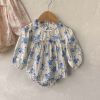 Baby Flower Pattern Stand Collar Long Sleeve Onesies - 66 (3-6M) - Blue