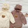 Baby Dot Pattern Cartoon Bear Patched Design Jumpsuit With Hat - 66 (3-6M) - Apricot