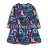 Baby Girl Print Pattern Long Sleeve Soft Cotton Princess Dress - 90 (12-24M) - Navy Blue (Dark Blue)