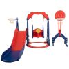 5 in 1 Slide and Swing Playing Set, Toddler Extra-Long Slide with 2 Basketball Hoops, Football, Ringtoss, Indoor Outdoor - red+blue