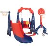 5 in 1 Slide and Swing Playing Set, Toddler Extra-Long Slide with 2 Basketball Hoops, Football, Ringtoss, Indoor Outdoor - red+blue