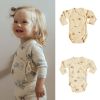 Baby Boy And Girl Flower Pattern Side Belted Design Soft Cotton Onesies - 66 (3-6M) - Apricot